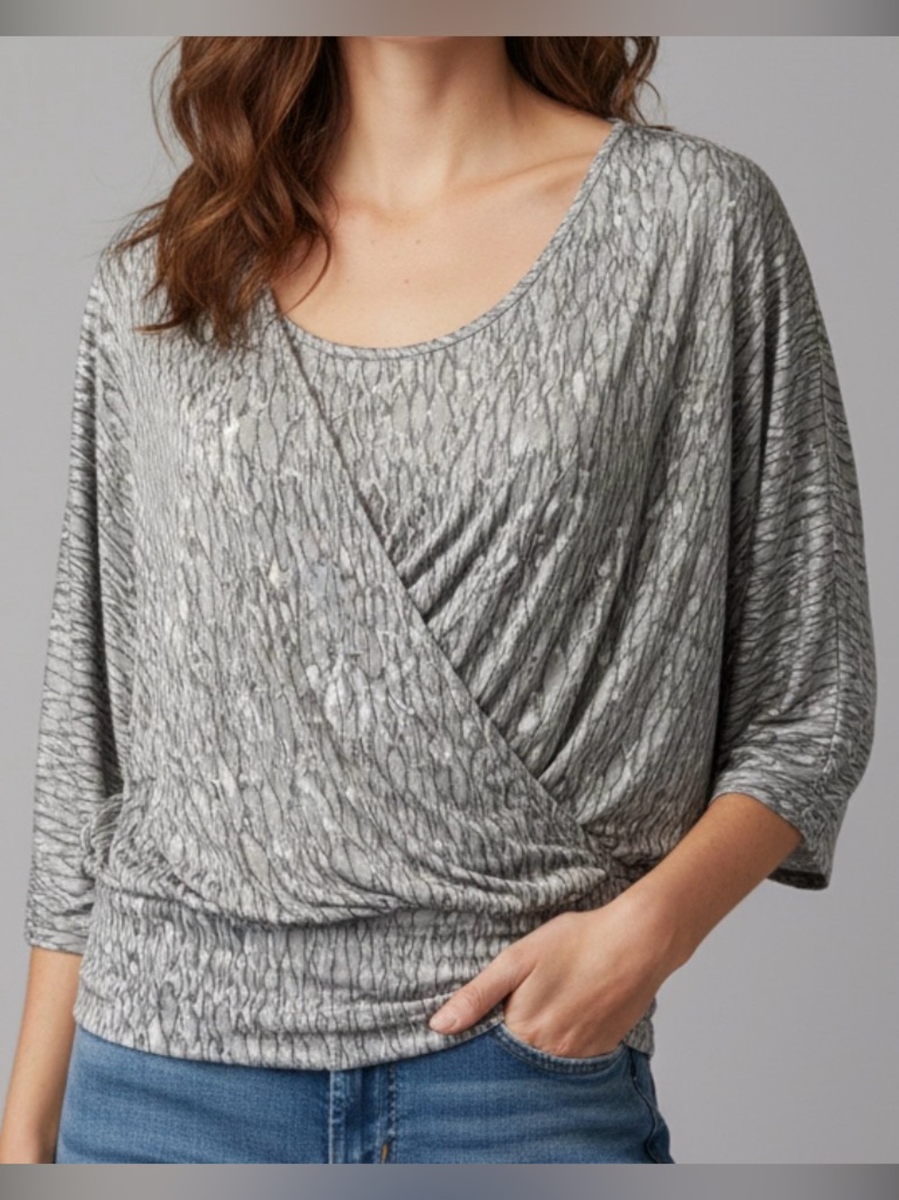 The Muses Lounge Knit Faux-Wrap Dolman Blouse